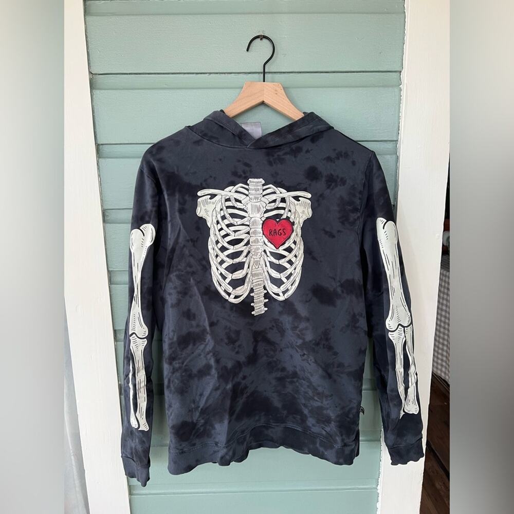 Rags to Raches adult unisex skeleton hoodie black grey dye Halloween spooky S